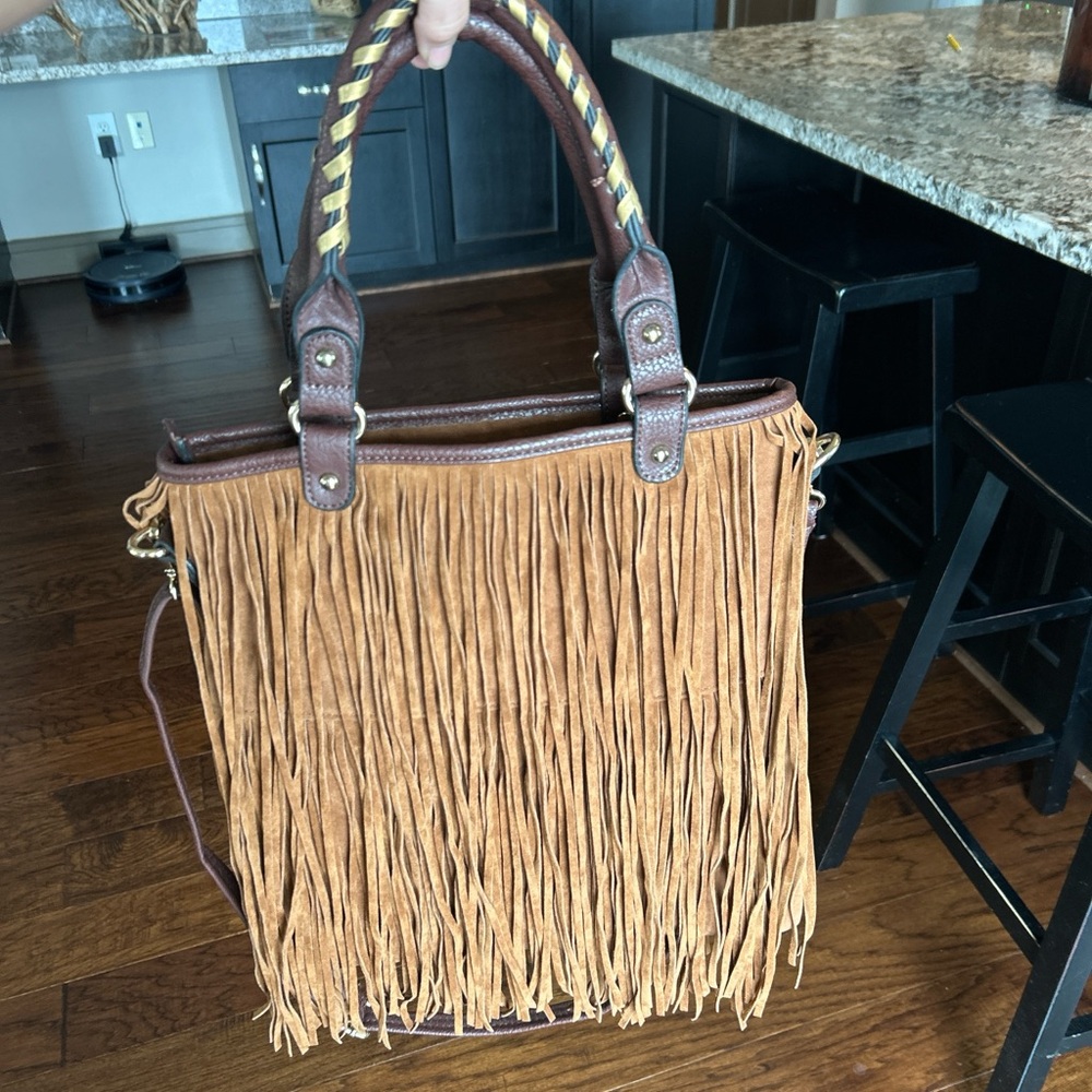 Fringe Faux Leather Tote Bag in Tan